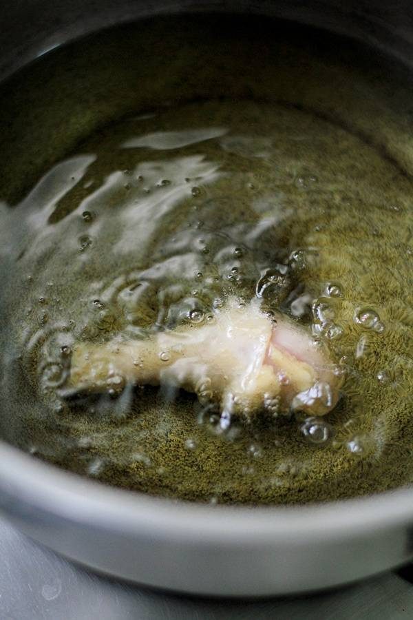 Chicken in a frying pan.