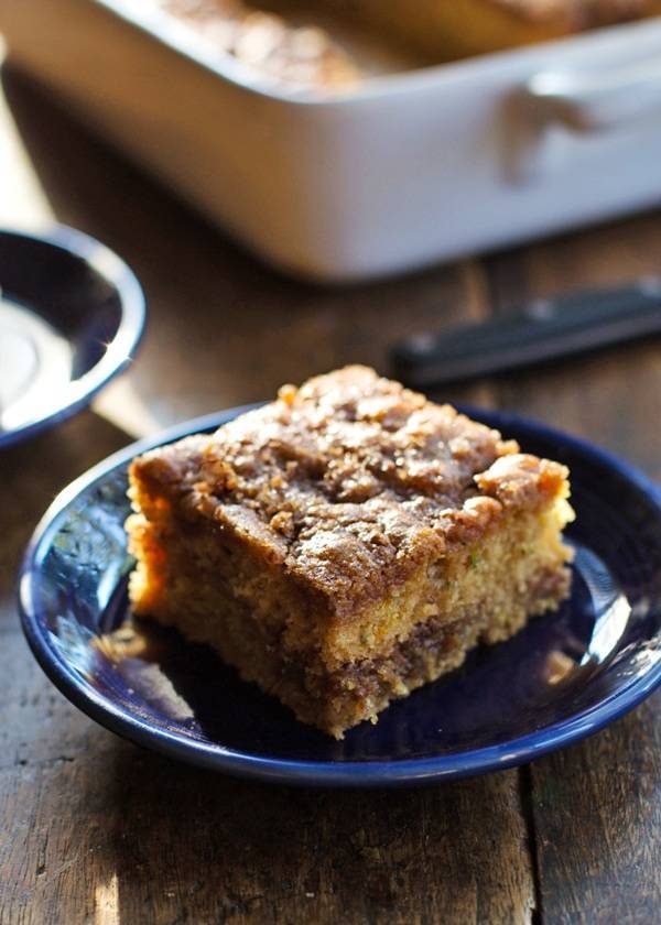 Cinnamon Sugar Zucchini Coffee Cake on a blue plate.