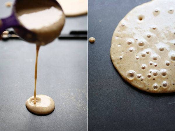 Pancake batter on a skillet.