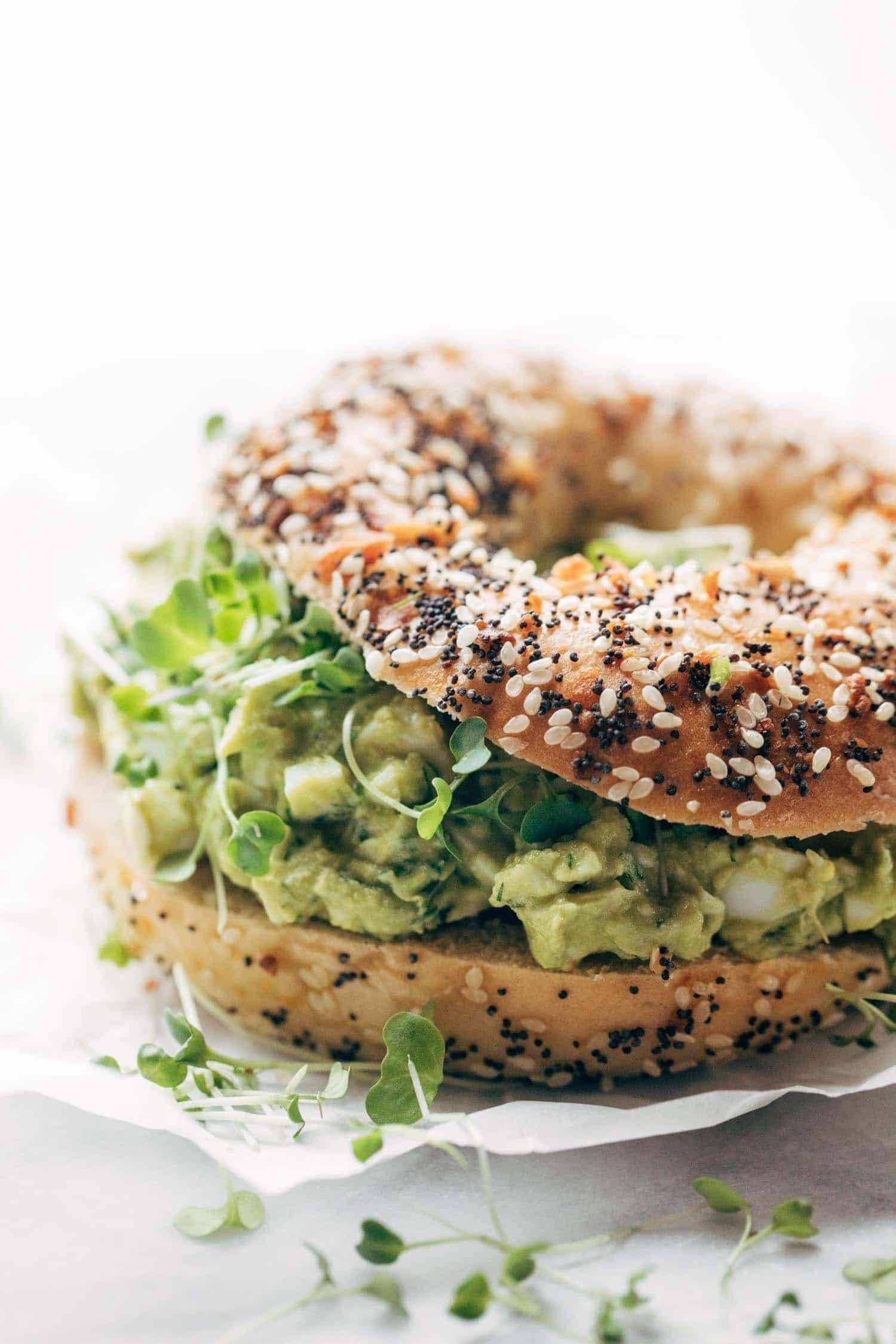 Avocado egg salad on an everything bagel.