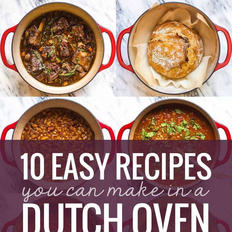 Collage of foods in dutch ovens.