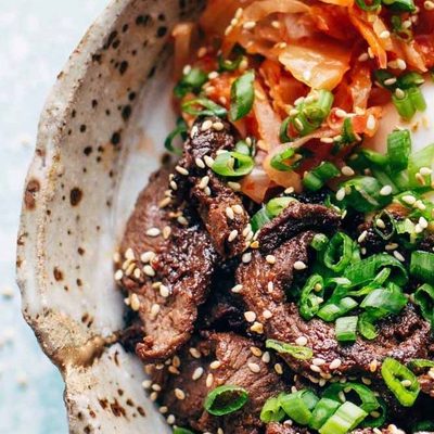 Korean BBQ Yum Yum Rice Bowls in a bowl with fork.