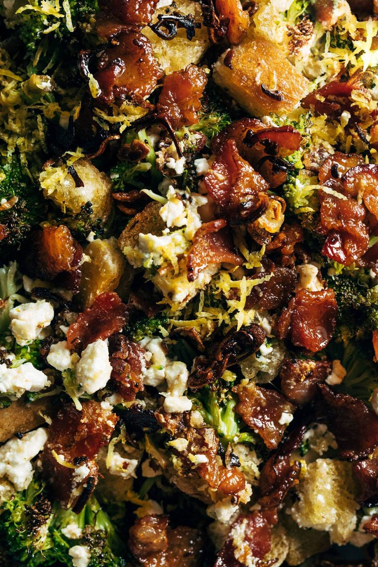 Roasted broccoli salad with bacon.