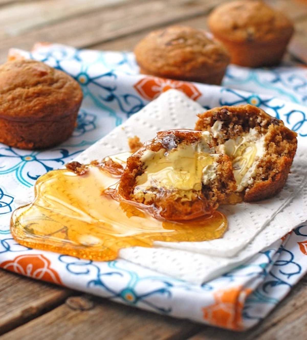 Muffins with butter and honey drizzle.