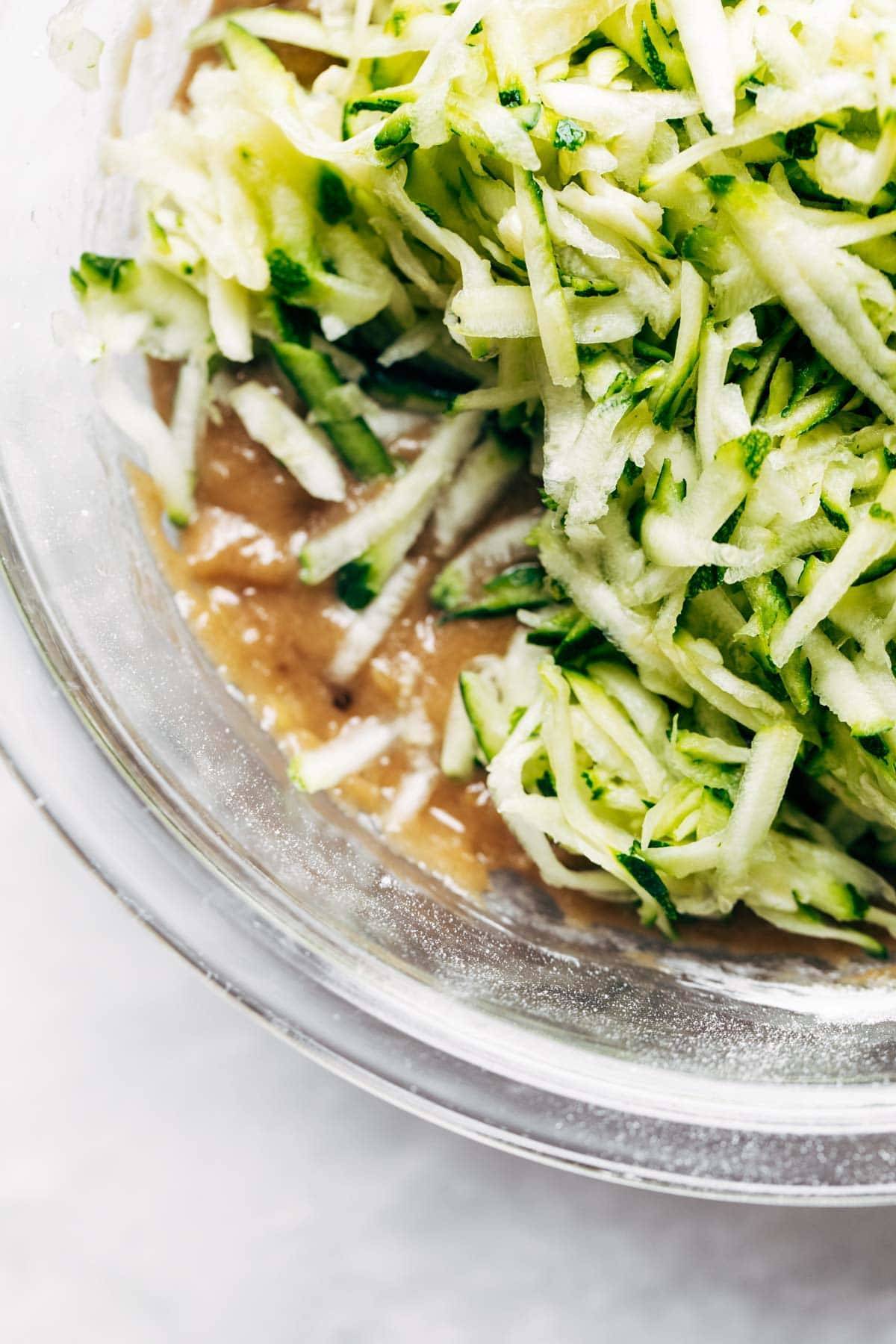Grated zucchini for lemon poppyseed zucchini muffins.
