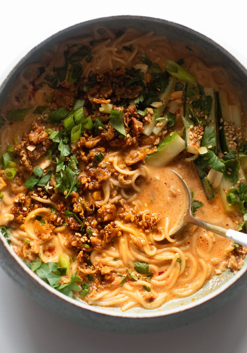 Miso peanut ramen in a bowl.