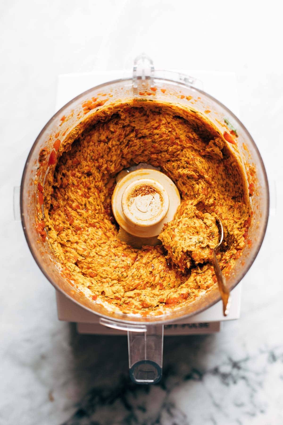 Red pepper butter blended in a food processor.